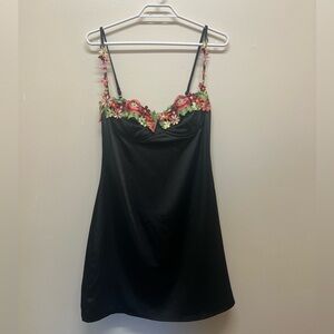 Princess Polly Black Satin Slip Dress with Floral Embroidery